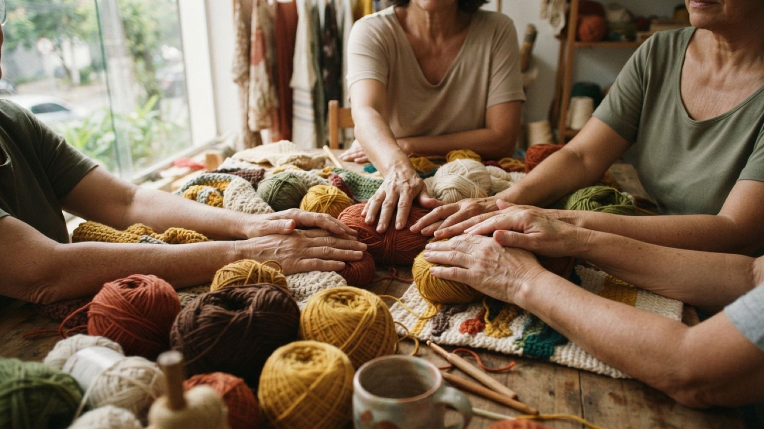 Mãos de várias pessoas apoiadas juntas numa mesa com novelos de linha e peças artesanais